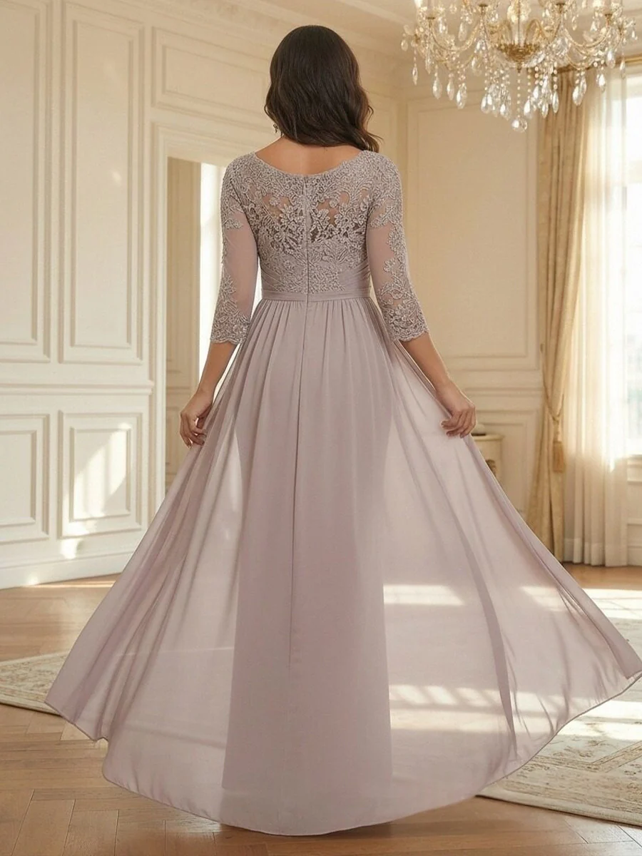 Sheath Scoop Neck 3/4 Sleeve Floor-Length Mother of the Bride Dresses with Lace Appliques