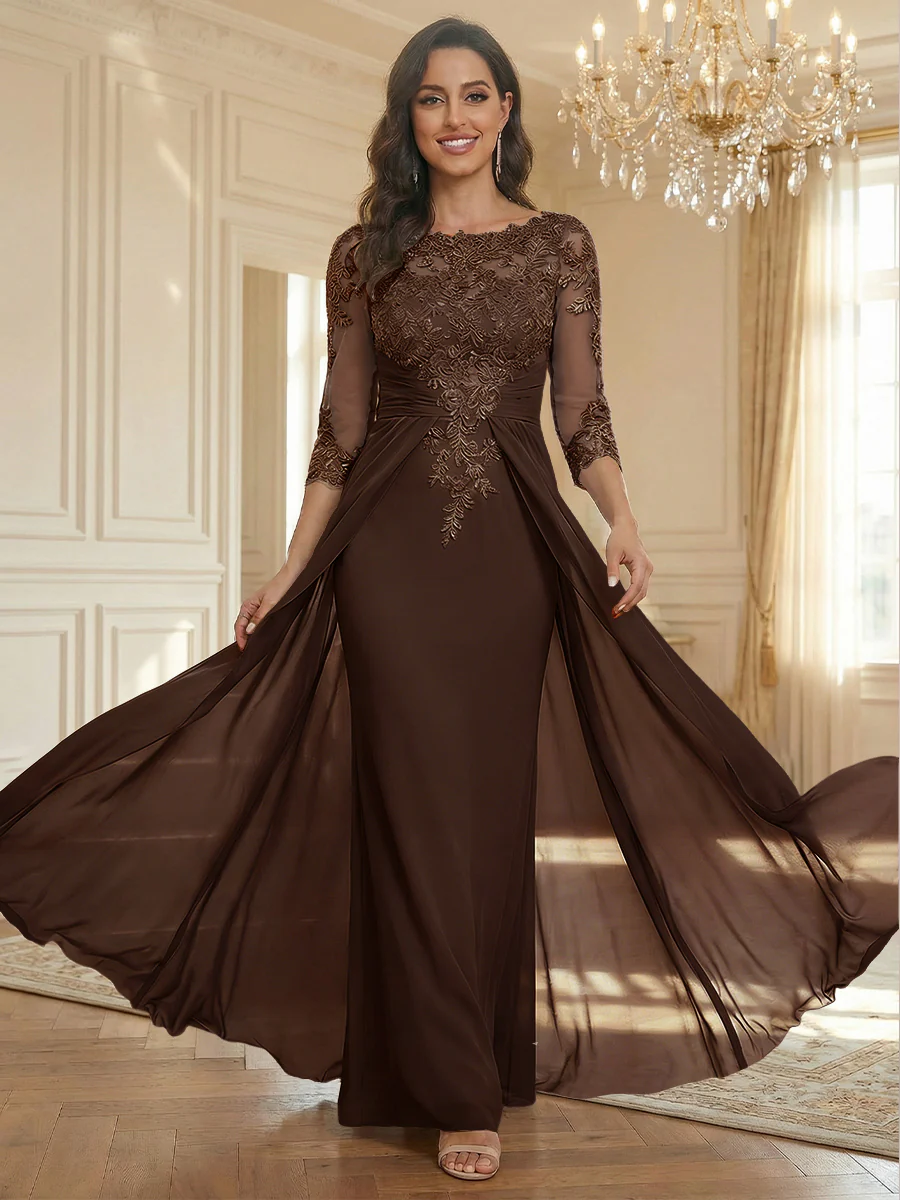 Sheath Scoop Neck 3/4 Sleeve Floor-Length Mother of the Bride Dresses with Lace Appliques
