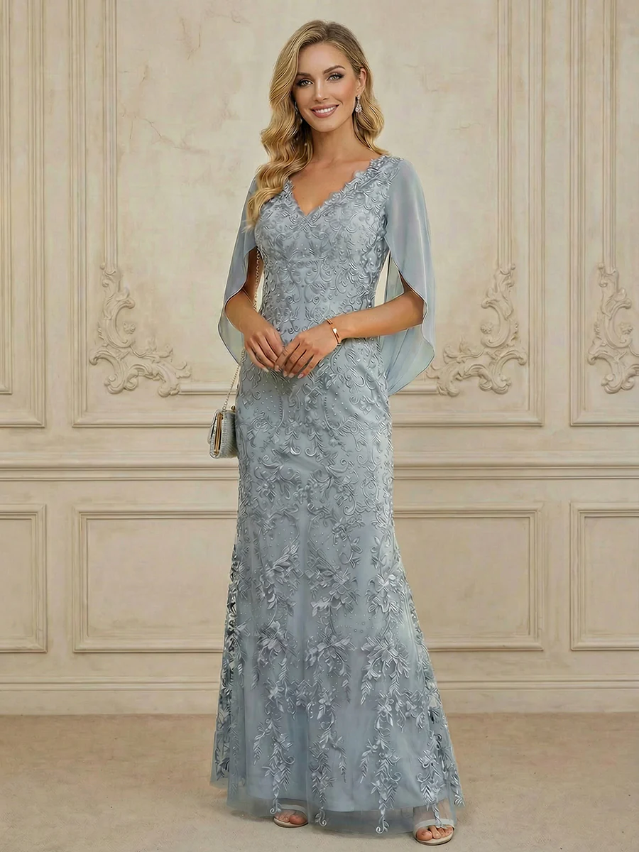 Mermaid V Neck Cape Sleeve Lace Applique Floor Length Mother of the Bride Dresses