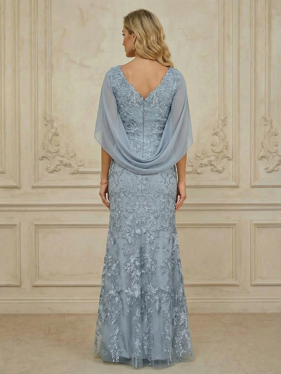 Mermaid V Neck Cape Sleeve Lace Applique Floor Length Mother of the Bride Dresses