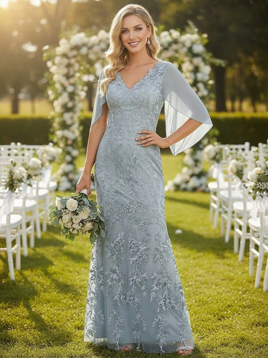 Mermaid V Neck Cape Sleeve Lace Applique Floor Length Mother of the Bride Dresses