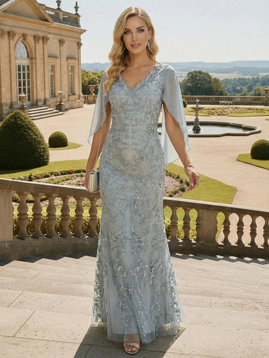 Mermaid V Neck Cape Sleeve Lace Applique Floor Length Mother of the Bride Dresses