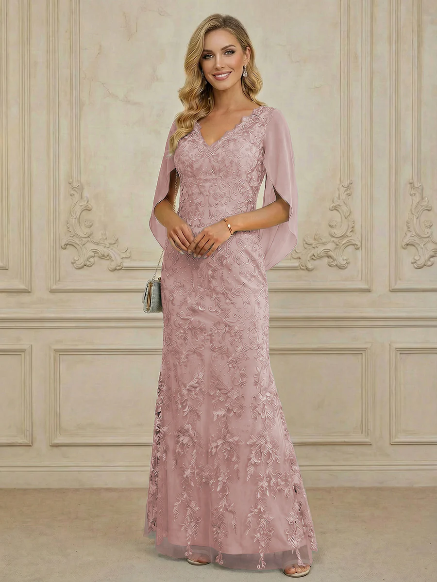 Mermaid V Neck Cape Sleeve Lace Applique Floor Length Mother of the Bride Dresses