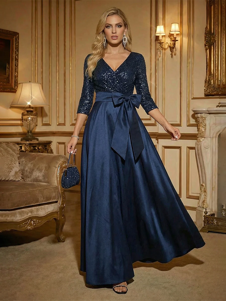 A Line 3/4 Sleeve Floor Length Mixed Mother of the Bride Dresses with Bow