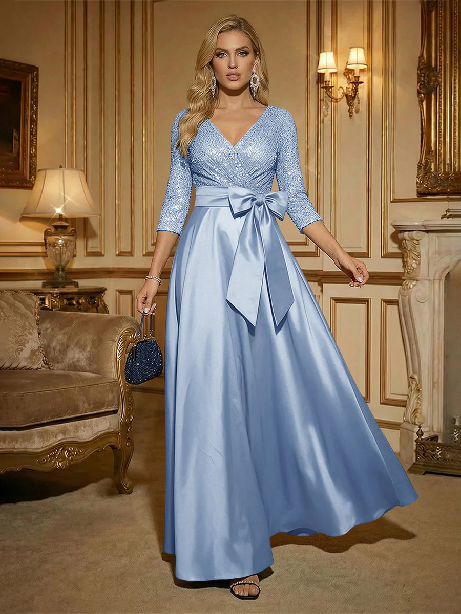 A Line 3/4 Sleeve Floor Length Mixed Mother of the Bride Dresses with Bow