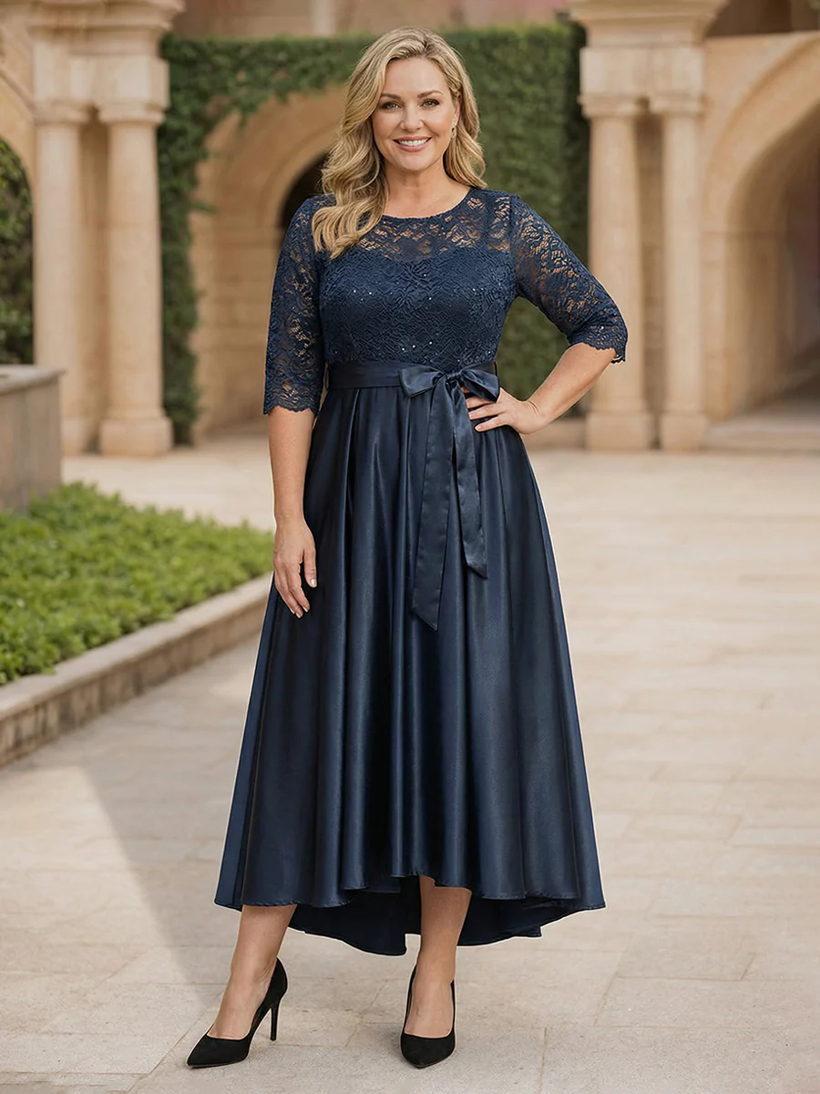 Lace 3/4 Sleeve Mother of the Bride Dresses Satin Midi Wedding Guest Gown with Belt