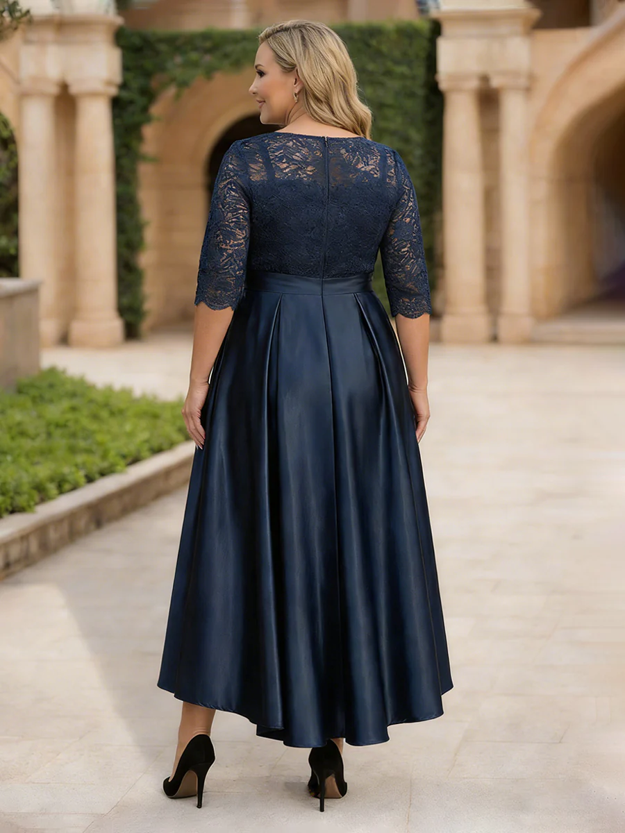 Lace 3/4 Sleeve Mother of the Bride Dresses Satin Midi Wedding Guest Gown with Belt
