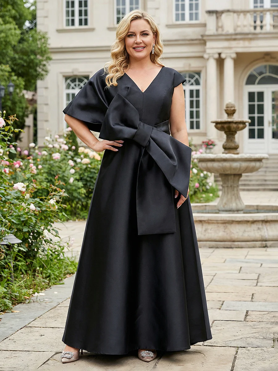 Asymmetrical Sleeve Satin V-Neck A-Line Long Mother of the Bride Dresses with Big Bow
