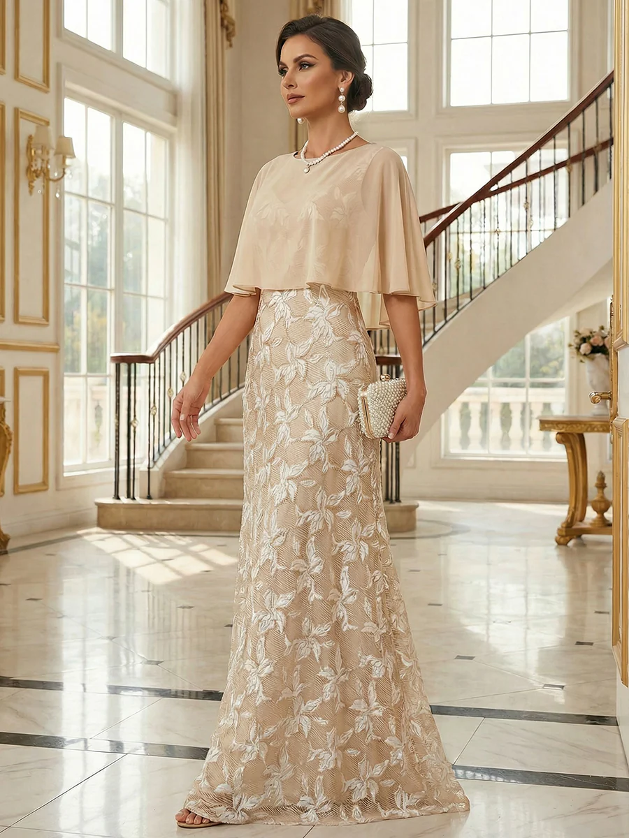 Sheath/Column Cape Sleeves Mother of the Bride & Groom Dresses with Floral Beaded Sequin Embroidered