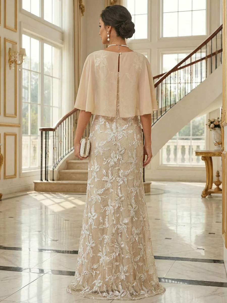 Sheath/Column Cape Sleeves Mother of the Bride & Groom Dresses with Floral Beaded Sequin Embroidered