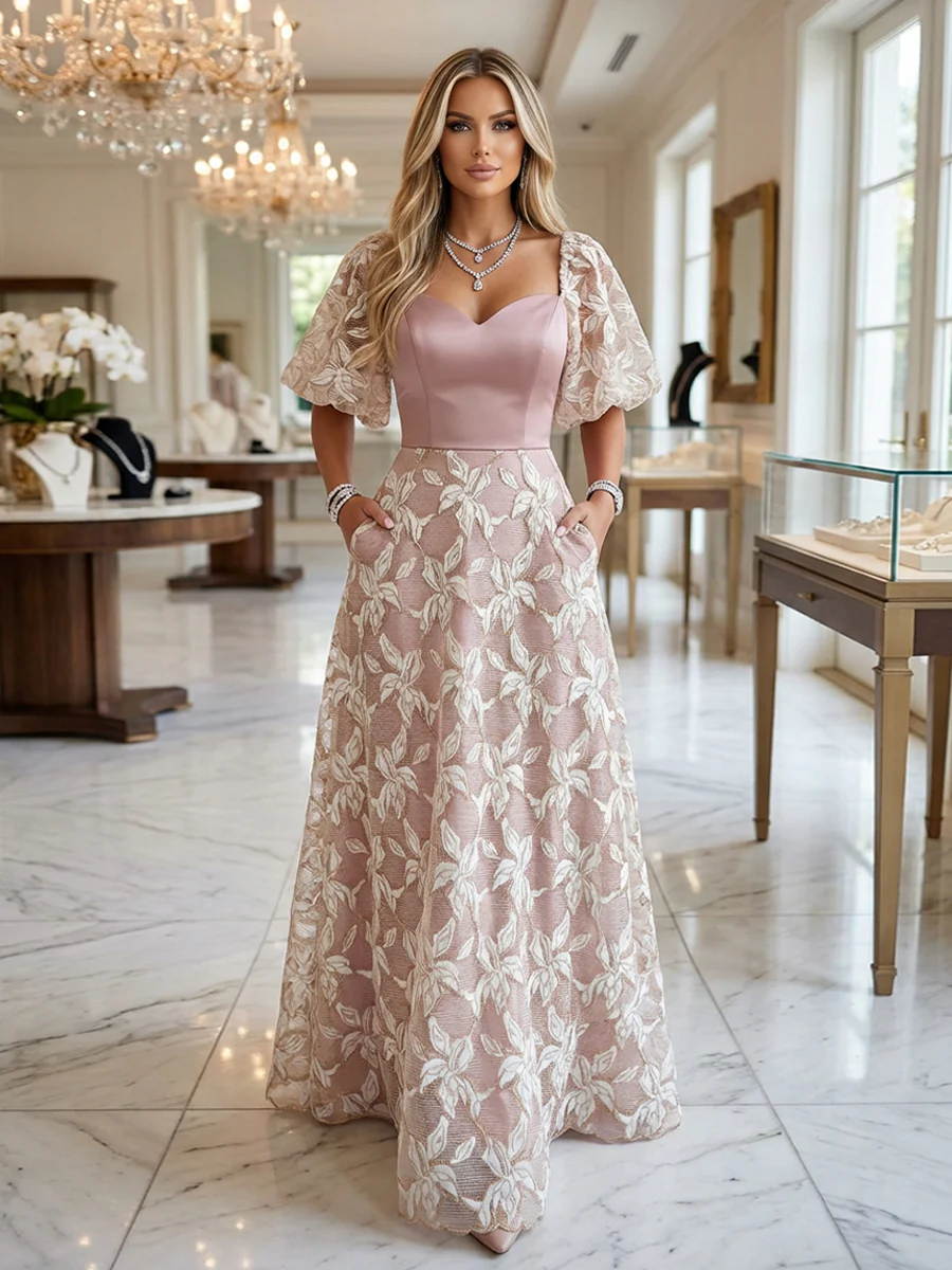 A-Line Puff Sleeves Floor-Length Mother of the Bride & Groom Dresses with Floral Beaded Sequin Embroidered & Sweetheart Corset Bodice