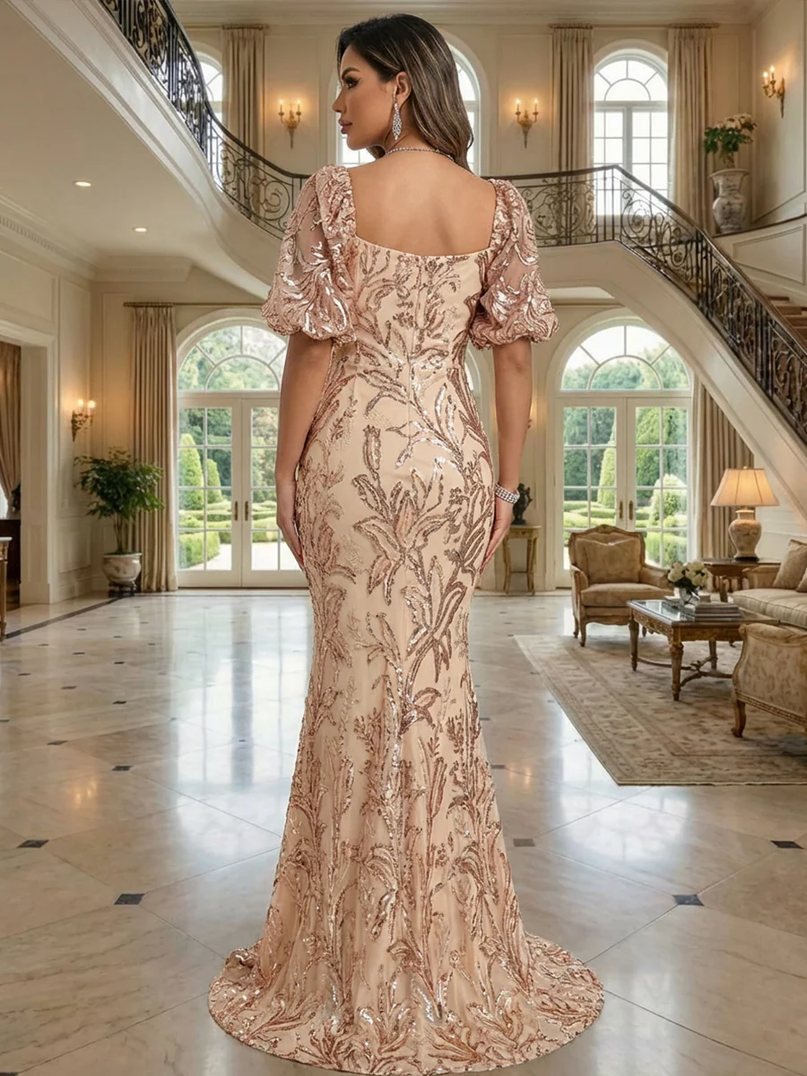 Mermaid/Trumpet Puff Sleeves Floor-Length Mother of the Bride & Groom Dresses with Floral Sequin Embroidered, Sweetheart Corset Bodice & Sweep Train