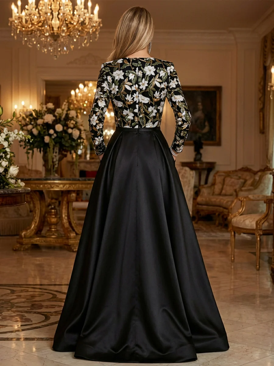 A-Line Satin Floor-Length Long Sleeves Mother of the Bride & Groom Dresses with Floral Sequin Bodice & High Slit