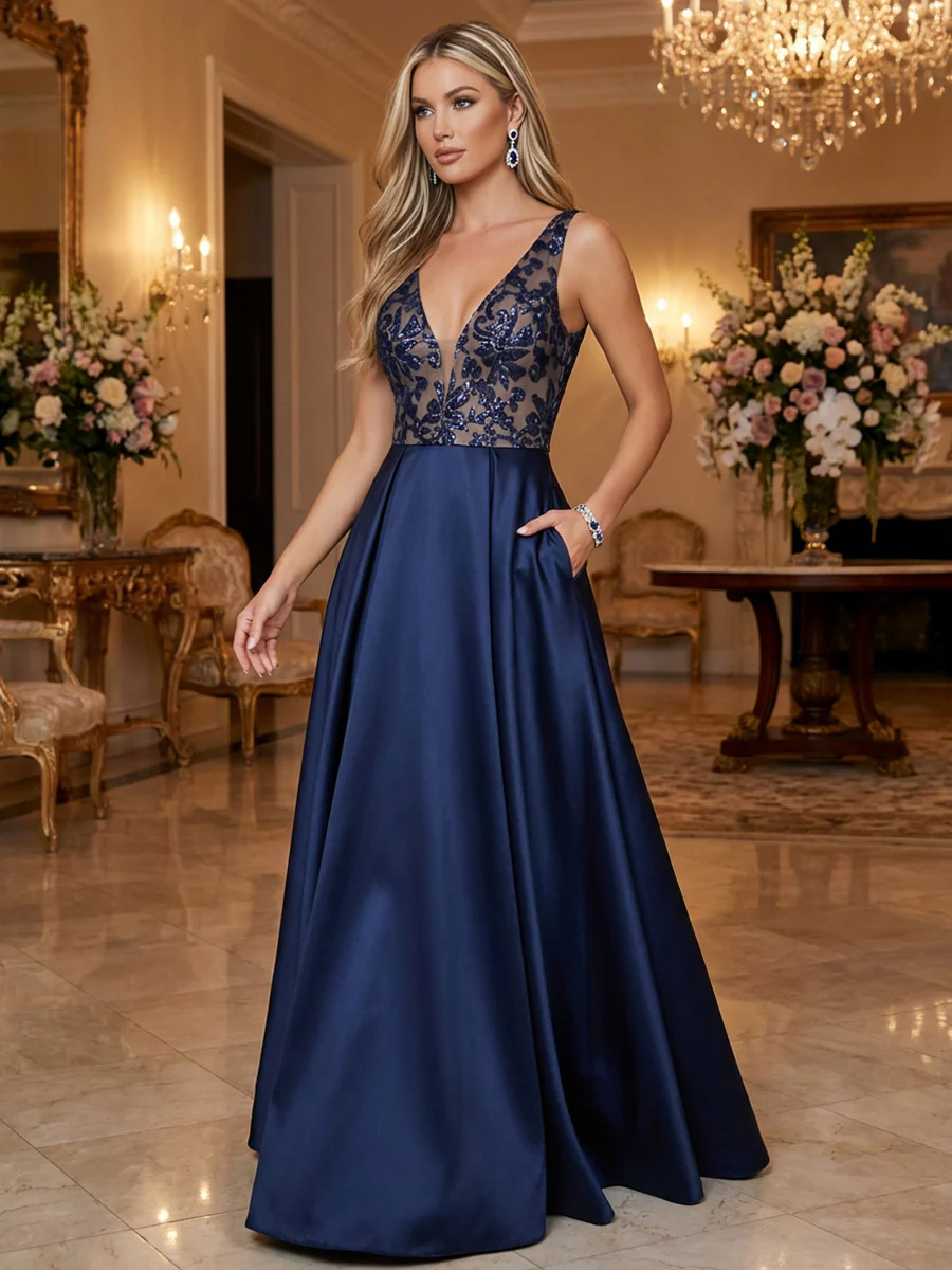 A-Line Satin Floor-Length Mother of the Bride & Groom Dresses with Floral Sequin Bodice & Pockets