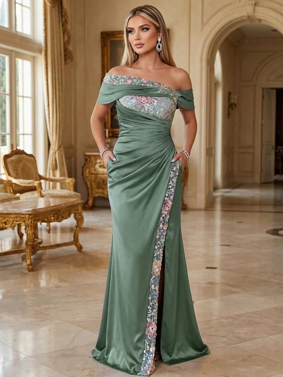 Sheath Satin Off Shoulder Mother of the Bride & Groom Dresses Floor-Length Evening Gowns with Ruched Waist, 3D Floral Lace Sequin Embroidered & Slit