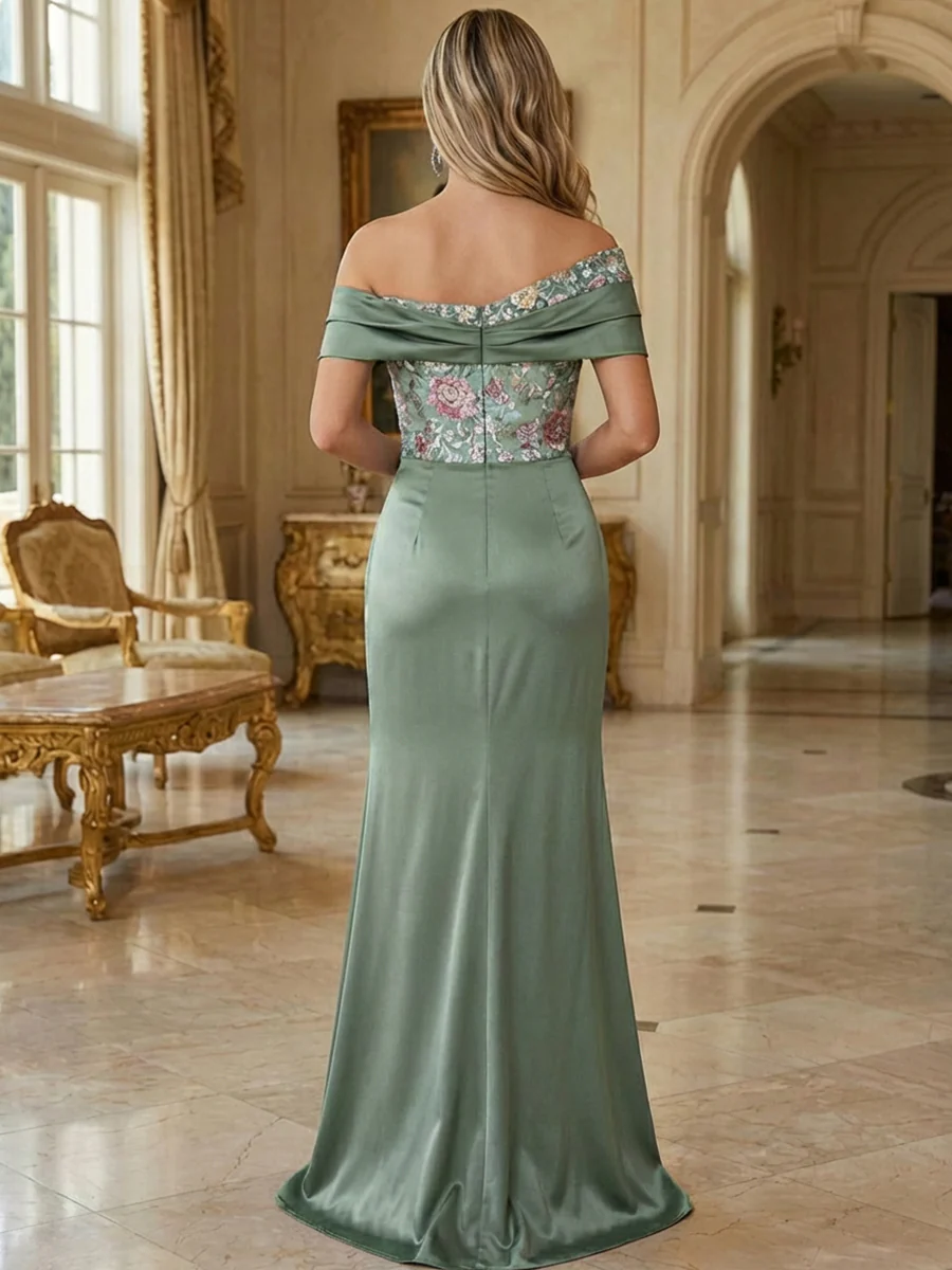 Sheath Satin Off Shoulder Mother of the Bride & Groom Dresses Floor-Length Evening Gowns with Ruched Waist, 3D Floral Lace Sequin Embroidered & Slit