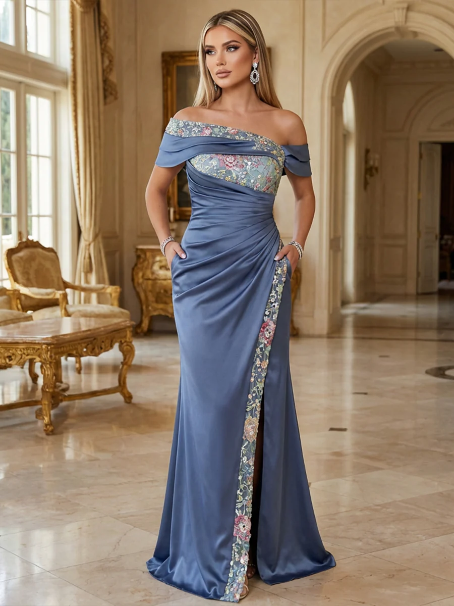 Sheath Satin Off Shoulder Mother of the Bride & Groom Dresses Floor-Length Evening Gowns with Ruched Waist, 3D Floral Lace Sequin Embroidered & Slit