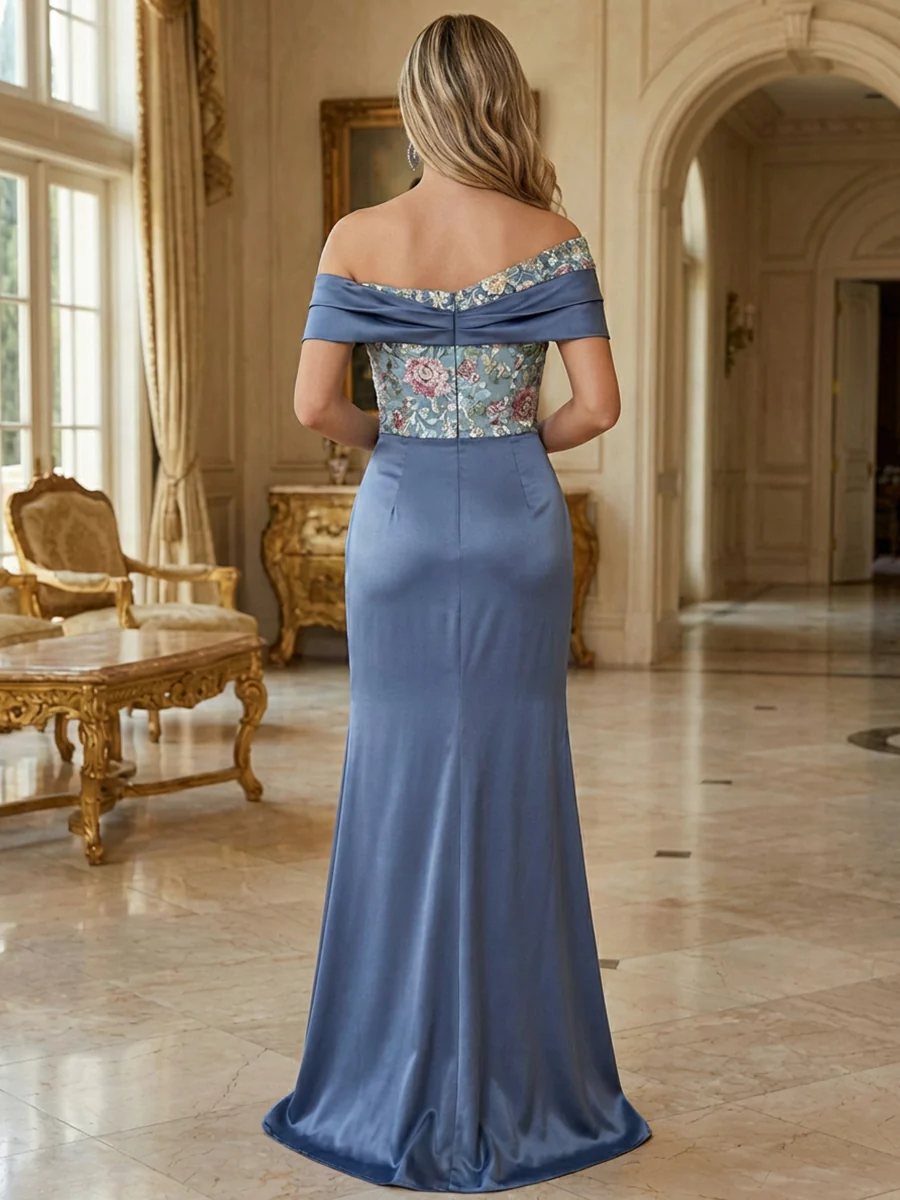 Sheath Satin Off Shoulder Mother of the Bride & Groom Dresses Floor-Length Evening Gowns with Ruched Waist, 3D Floral Lace Sequin Embroidered & Slit