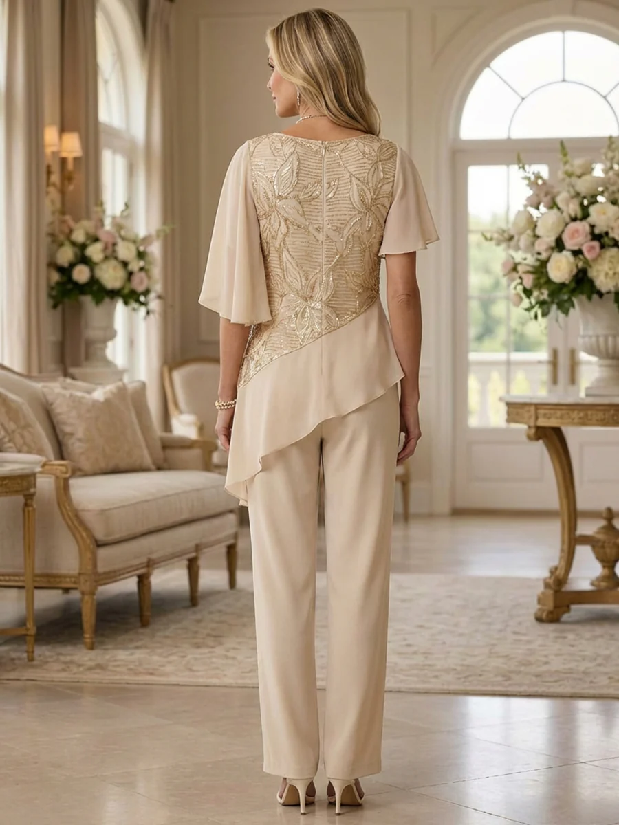 Two-Piece Chiffon & Sequin Floor Length Mother of the Bride & Groom Pant Suit with Short Flutter Sleeves