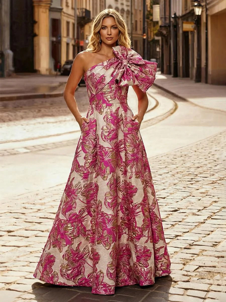 One Shoulder Jacquard Satin Mother of the Bride Dresses with Bow