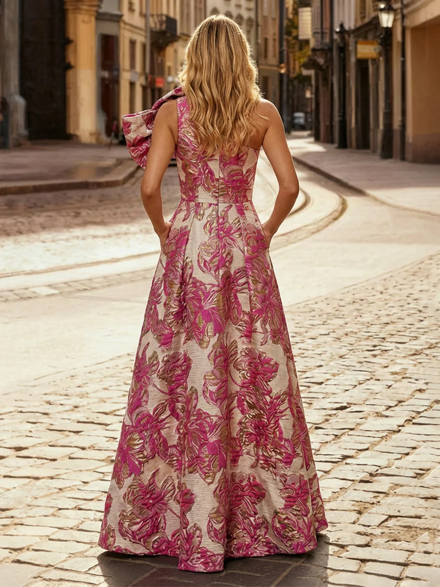One Shoulder Jacquard Satin Mother of the Bride Dresses with Bow