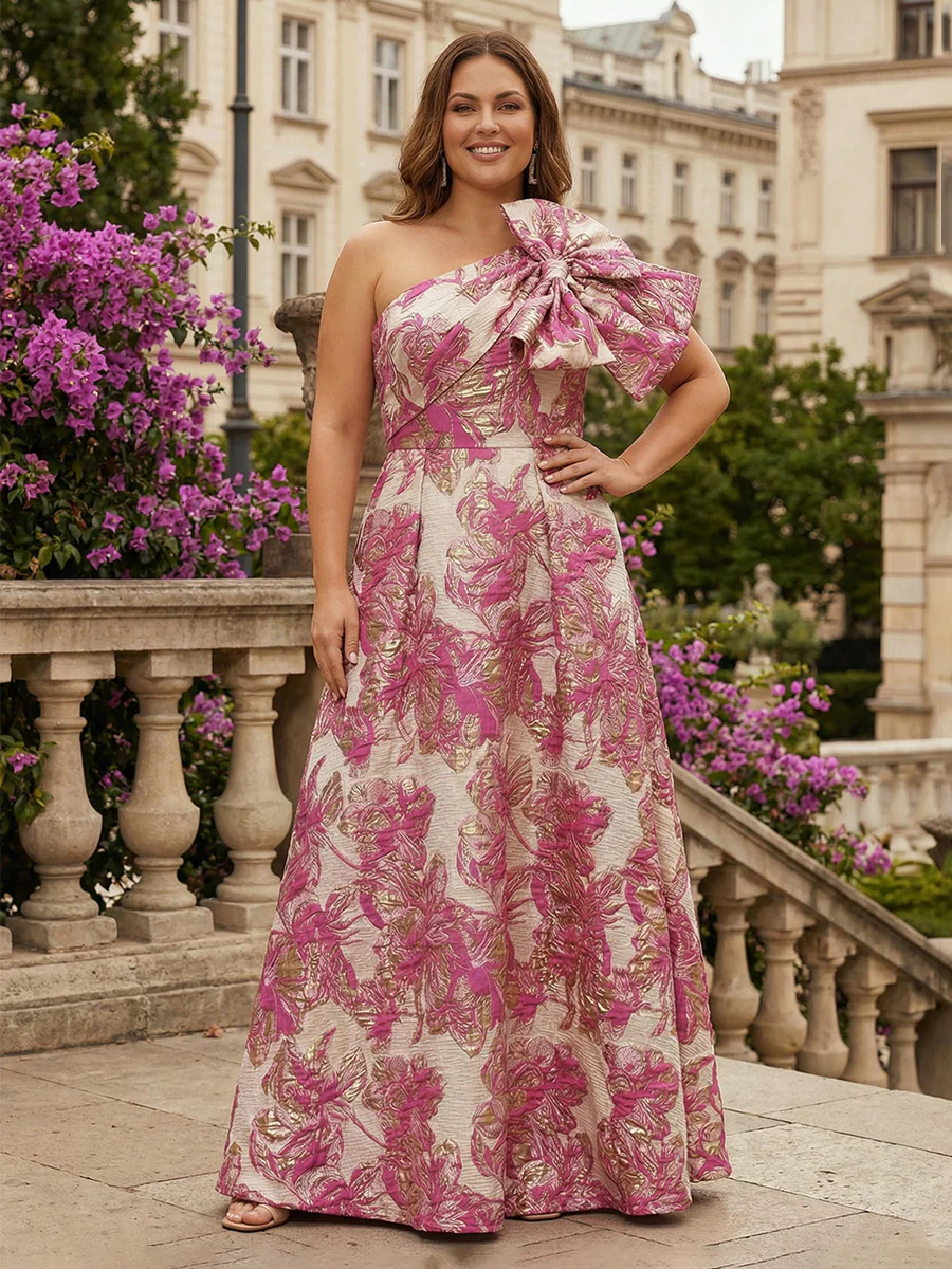 One Shoulder Jacquard Satin Mother of the Bride Dresses with Bow