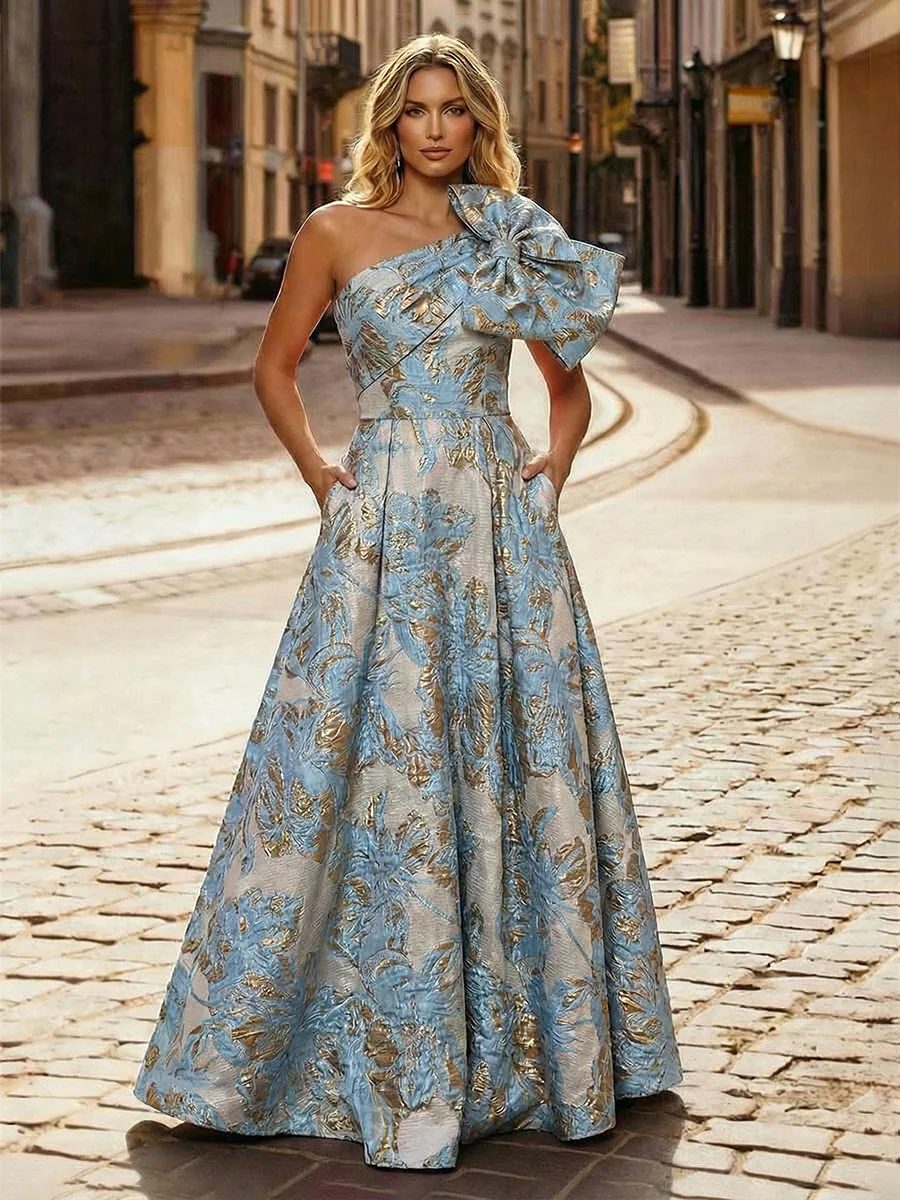 One Shoulder Jacquard Satin Mother of the Bride Dresses with Bow