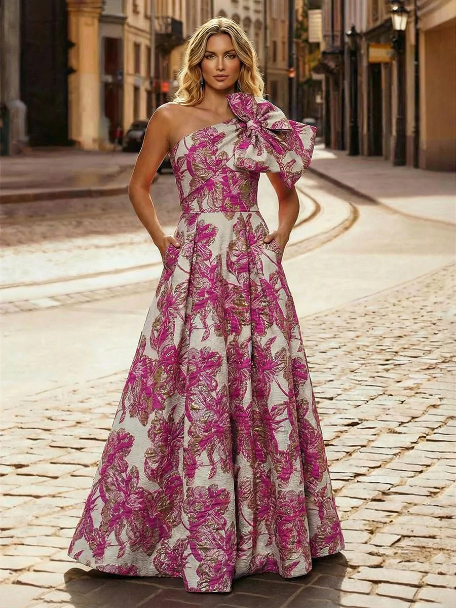 One Shoulder Jacquard Satin Mother of the Bride Dresses with Bow