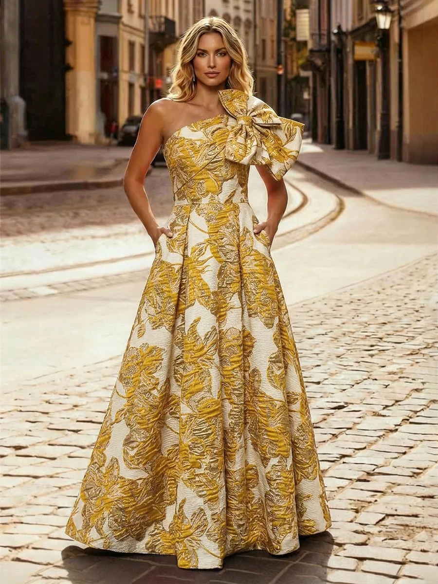 One Shoulder Jacquard Satin Mother of the Bride Dresses with Bow