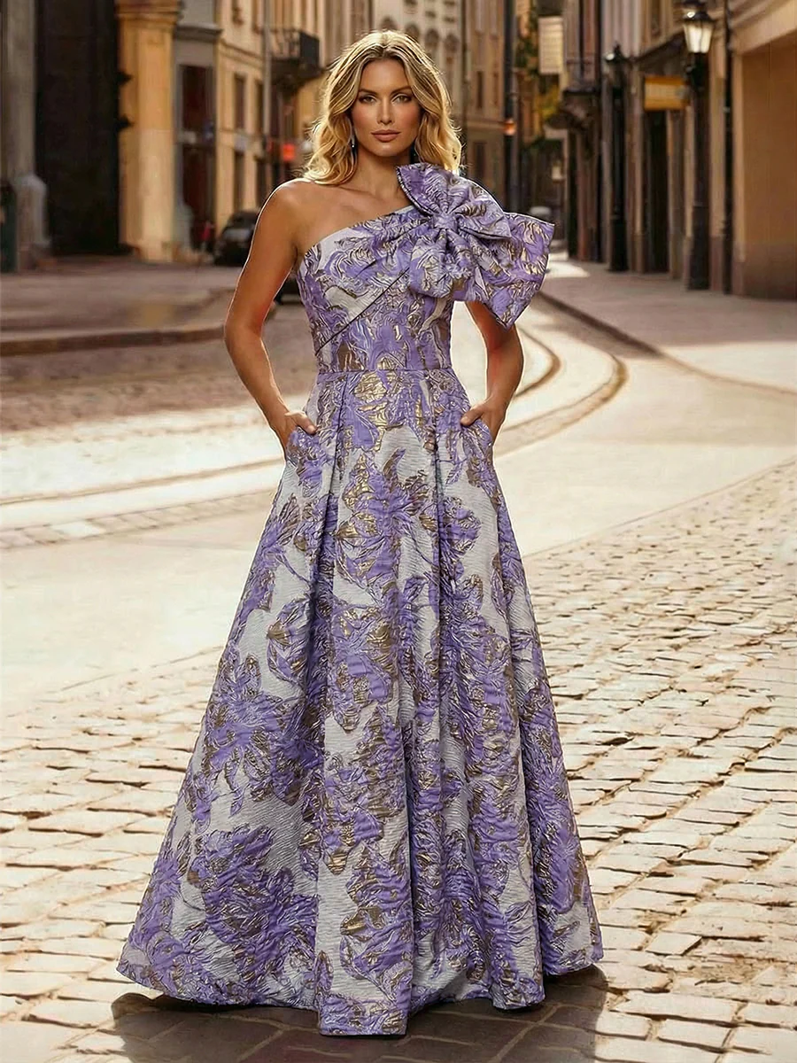 One Shoulder Jacquard Satin Mother of the Bride Dresses with Bow