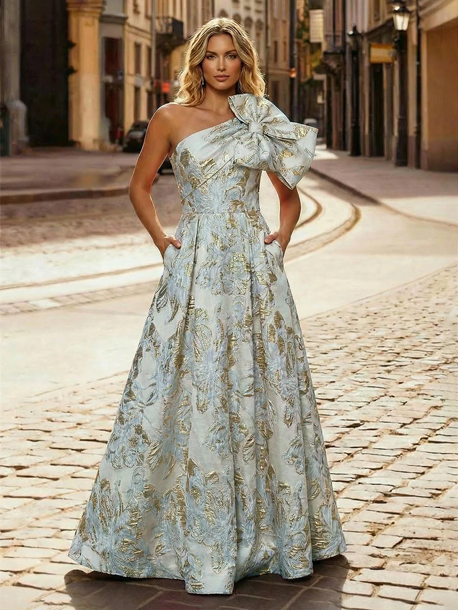 One Shoulder Jacquard Satin Mother of the Bride Dresses with Bow