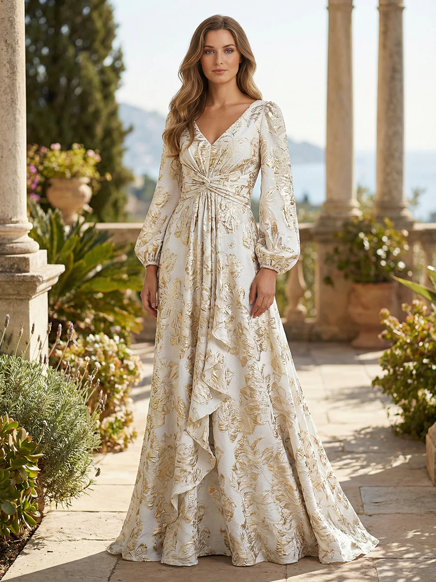Long Sleeve V-Neck Jacquard Satin Mother of the Bride Dresses