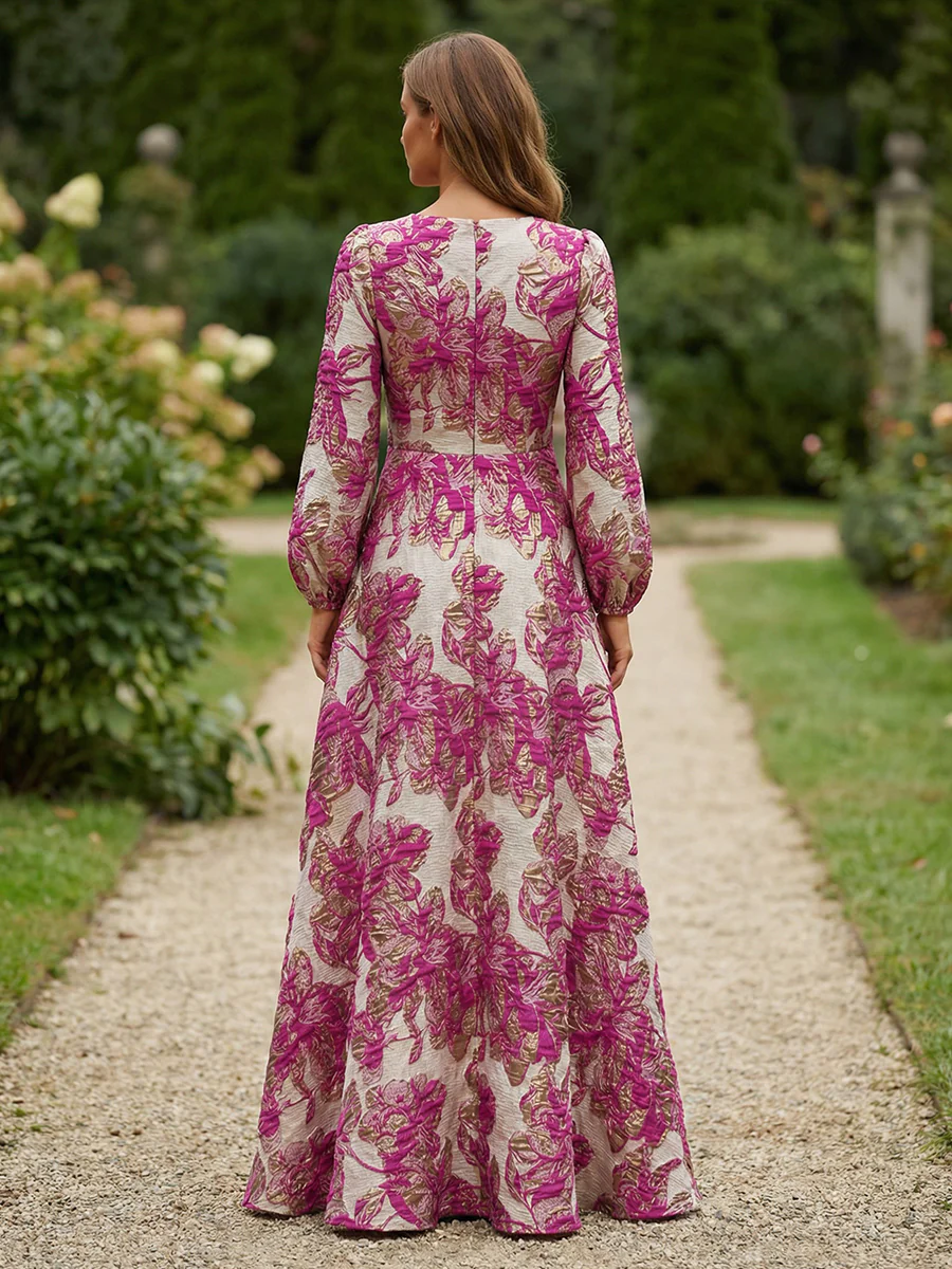 Long Sleeve V-Neck Jacquard Satin Mother of the Bride Dresses