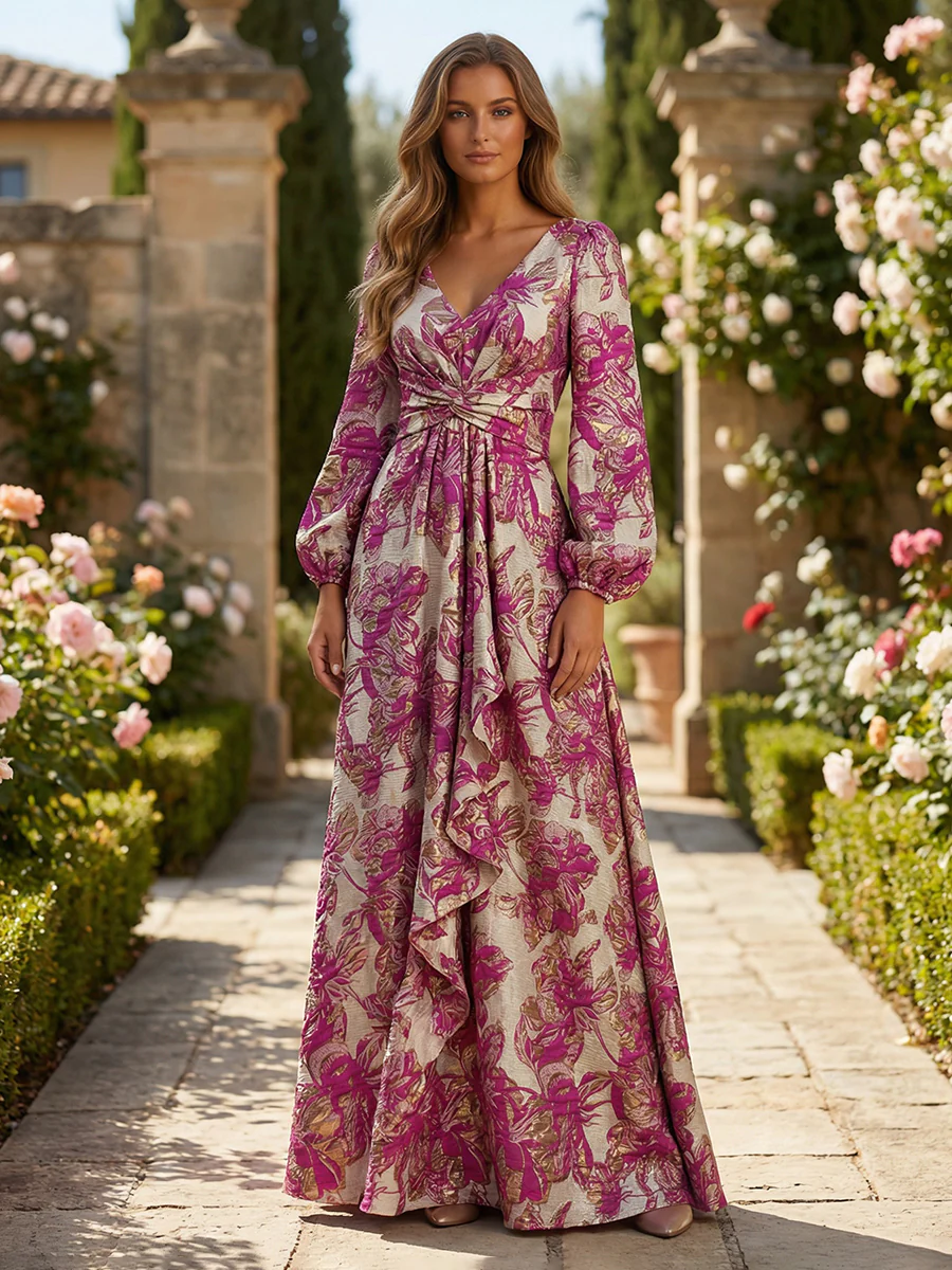 Long Sleeve V-Neck Jacquard Satin Mother of the Bride Dresses