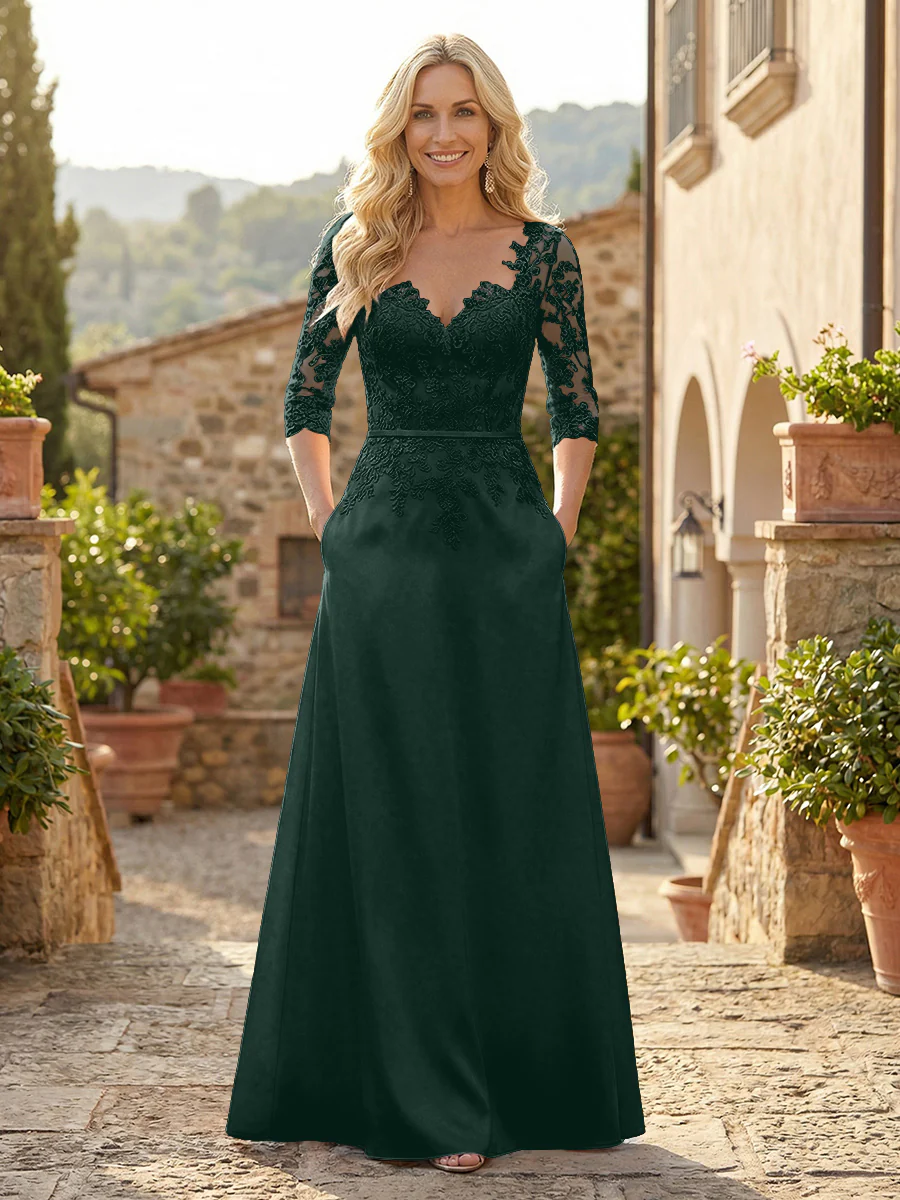 A-Line Satin 3/4 Sleeves Floor-Length Mother of the Bride & Groom Dresses with Lace Bodice & Pockets