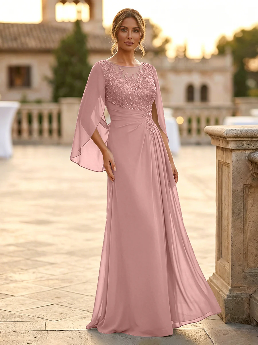 A-Line Chiffon Cape Sleeves Floor-Length Mother of the Bride & Groom Dresses with Rhinestones & Ruched Waist