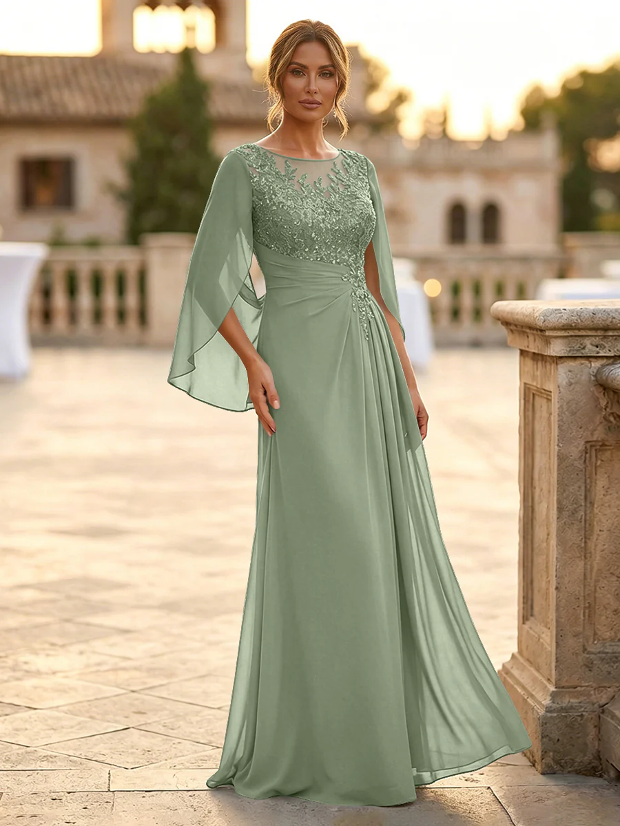 A-Line Chiffon Cape Sleeves Floor-Length Mother of the Bride & Groom Dresses with Rhinestones & Ruched Waist