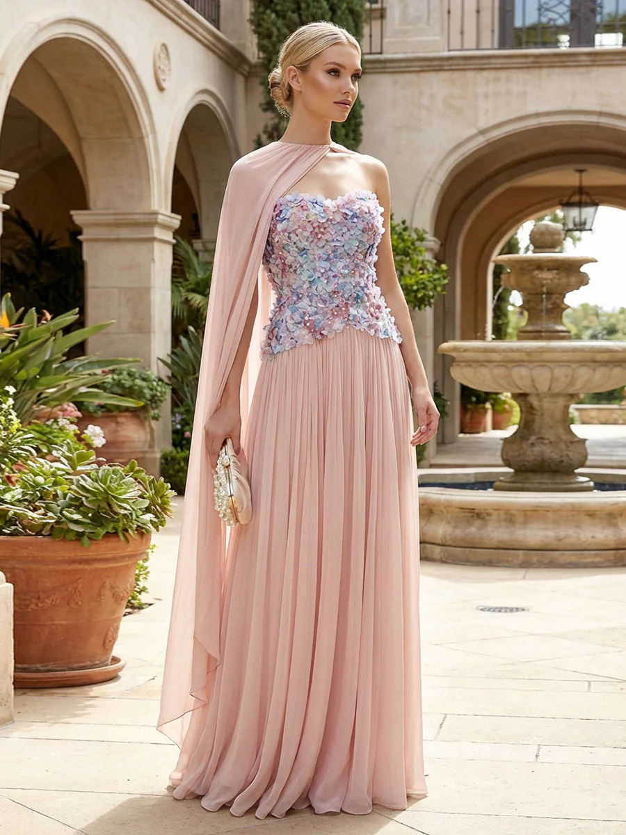 Elegant Pleated A-Line Chiffon Strapless Floor-Length Mother of the Bride & Groom Dresses with 3D Floral Appliques Bodice & Draped Cape