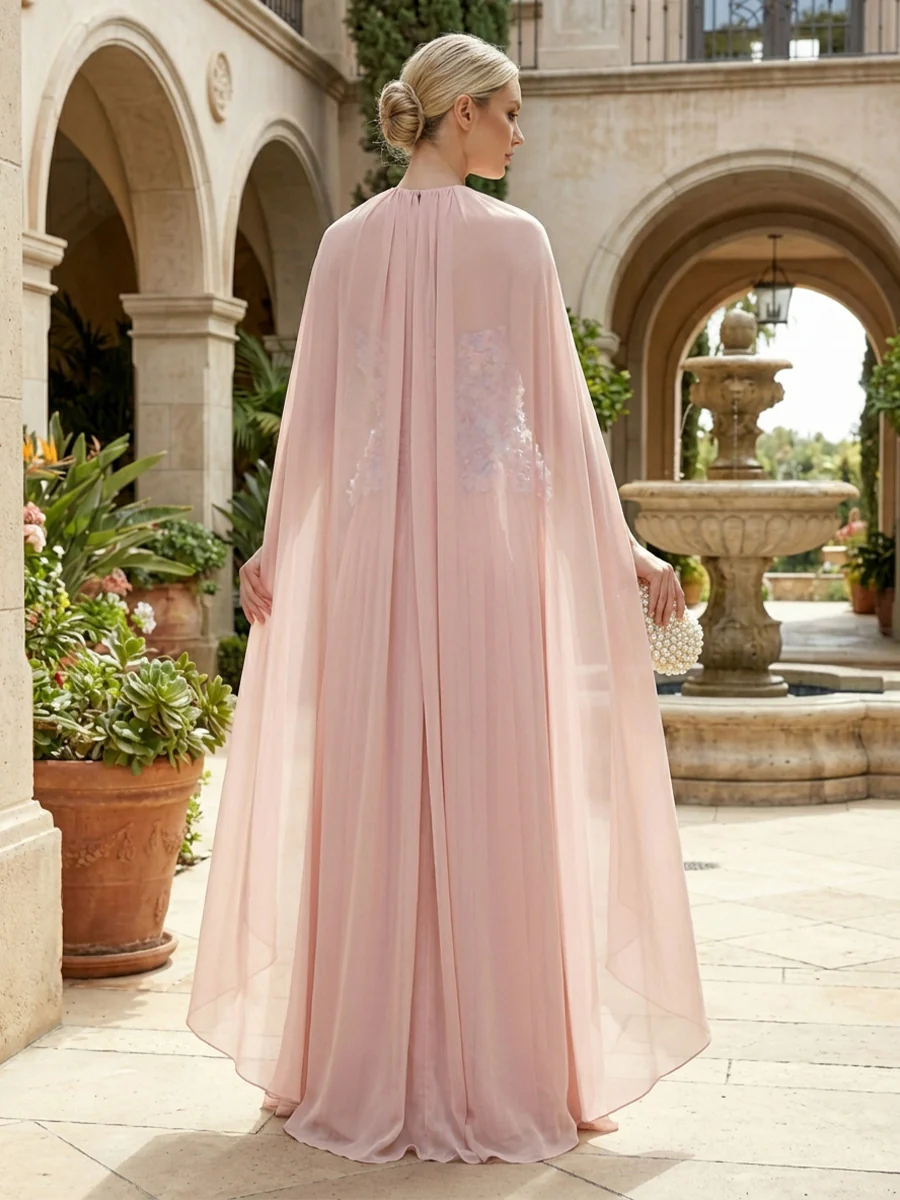 Elegant Pleated A-Line Chiffon Strapless Floor-Length Mother of the Bride & Groom Dresses with 3D Floral Appliques Bodice & Draped Cape