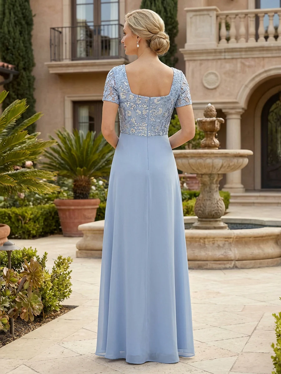 Elegant A-Line Chiffon Short Sleeves Floor-Length Mother of the Bride & Groom Dresses with Floral Embroidery Bodice & Sequin