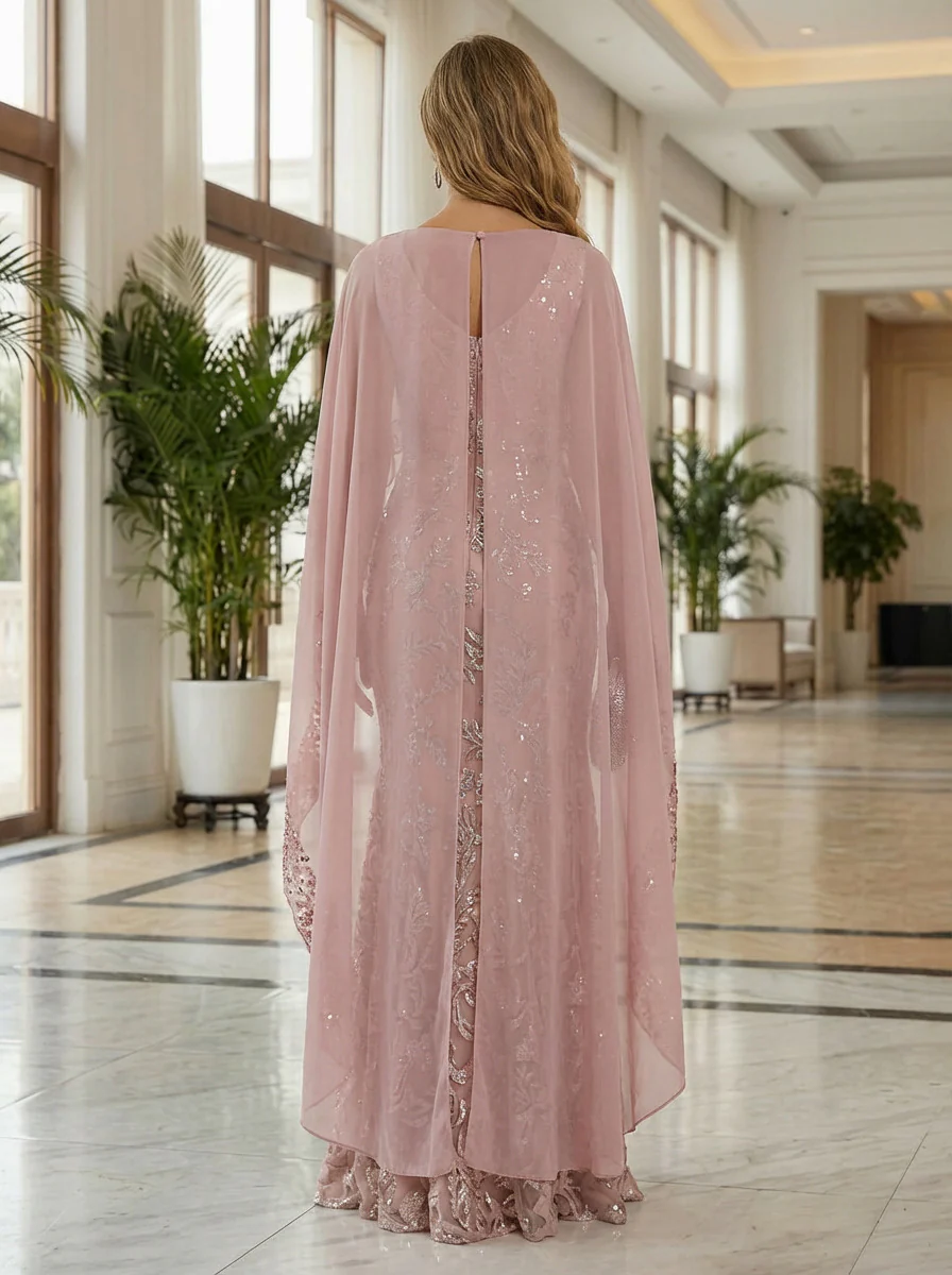 Sheath Tulle Chiffon Cape Sleeves Mother of the Bride & Groom Dresses with Sequin Embellished Lace