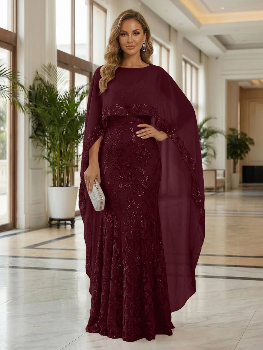 Sheath Tulle Chiffon Cape Sleeves Mother of the Bride & Groom Dresses with Sequin Embellished Lace