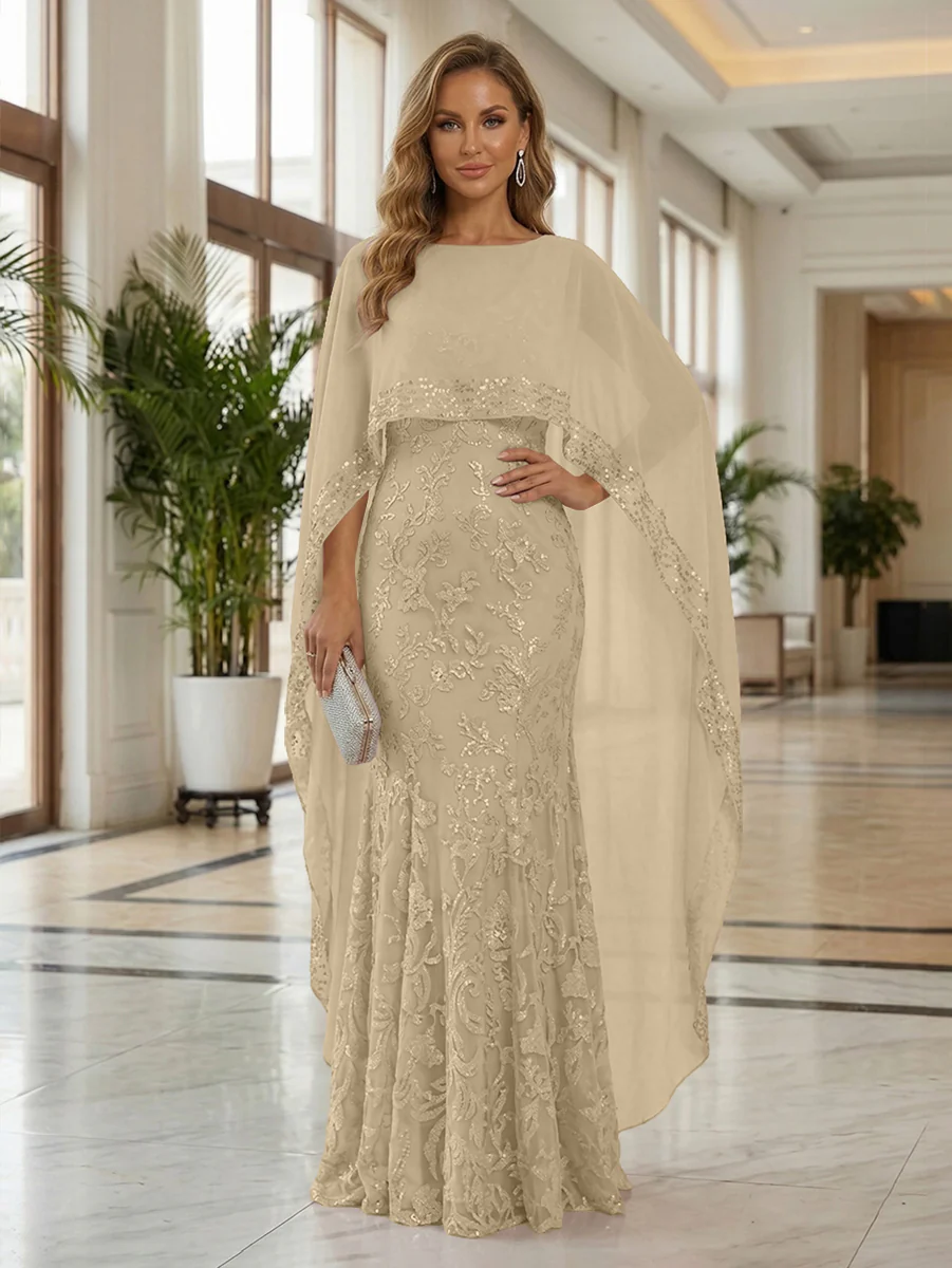 Sheath Tulle Chiffon Cape Sleeves Mother of the Bride & Groom Dresses with Sequin Embellished Lace