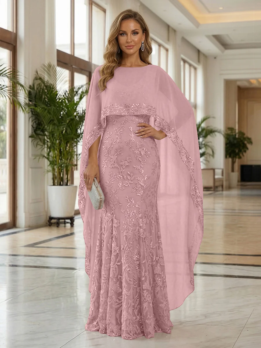 Sheath Tulle Chiffon Cape Sleeves Mother of the Bride & Groom Dresses with Sequin Embellished Lace