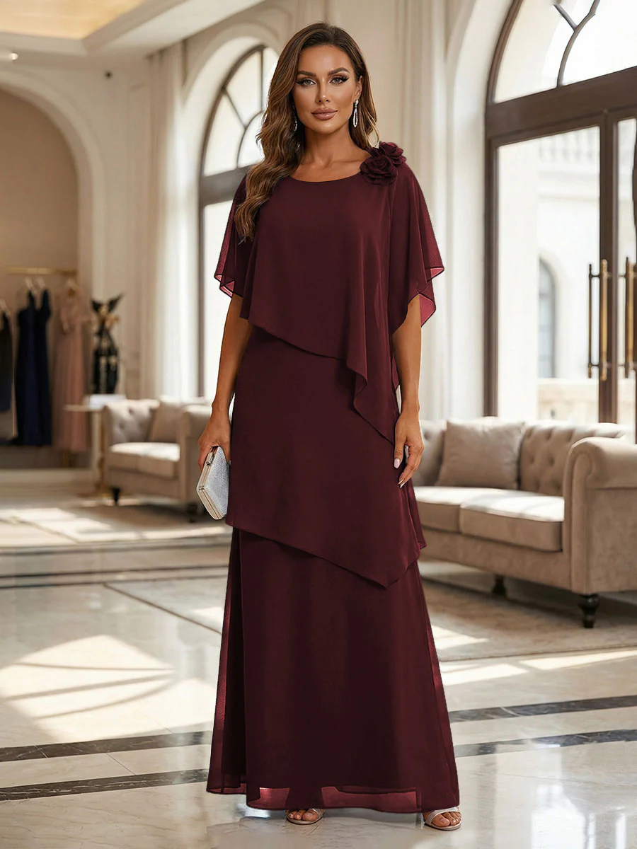 A-Line Floor-Length Chiffon Cape Sleeves Mother of the Bride & Groom Dresses with Tiered Ruffles