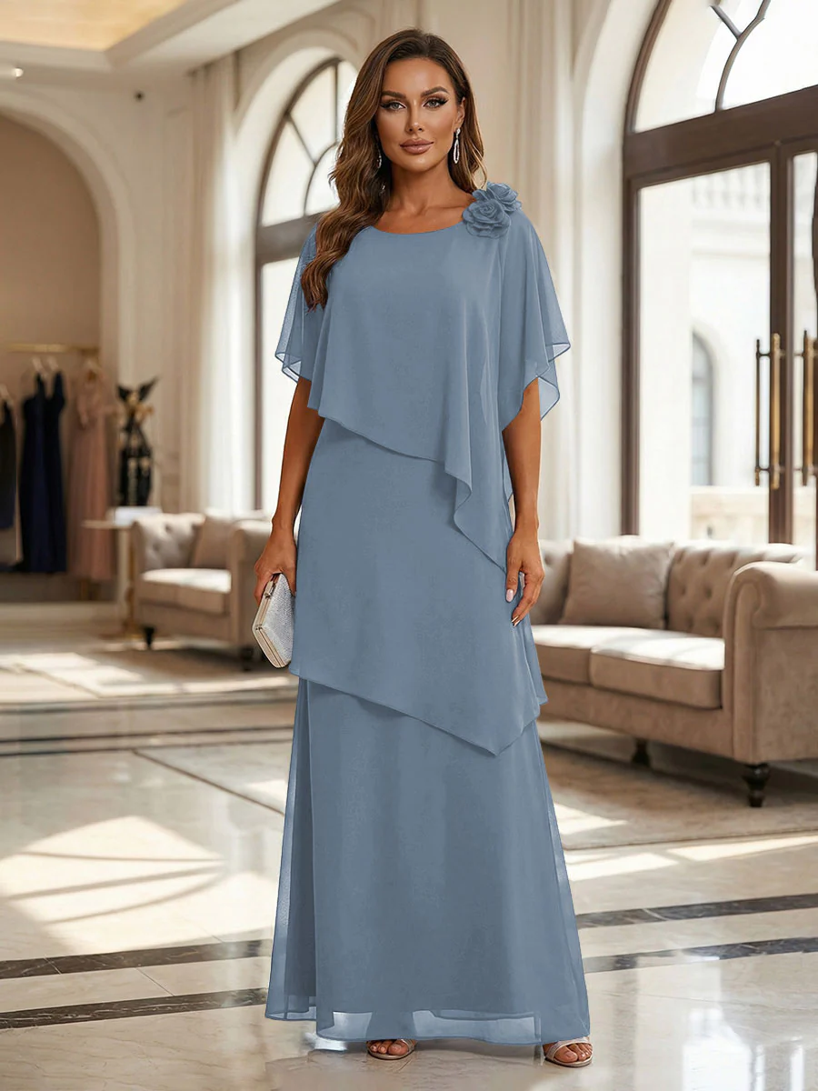 A-Line Floor-Length Chiffon Cape Sleeves Mother of the Bride & Groom Dresses with Tiered Ruffles