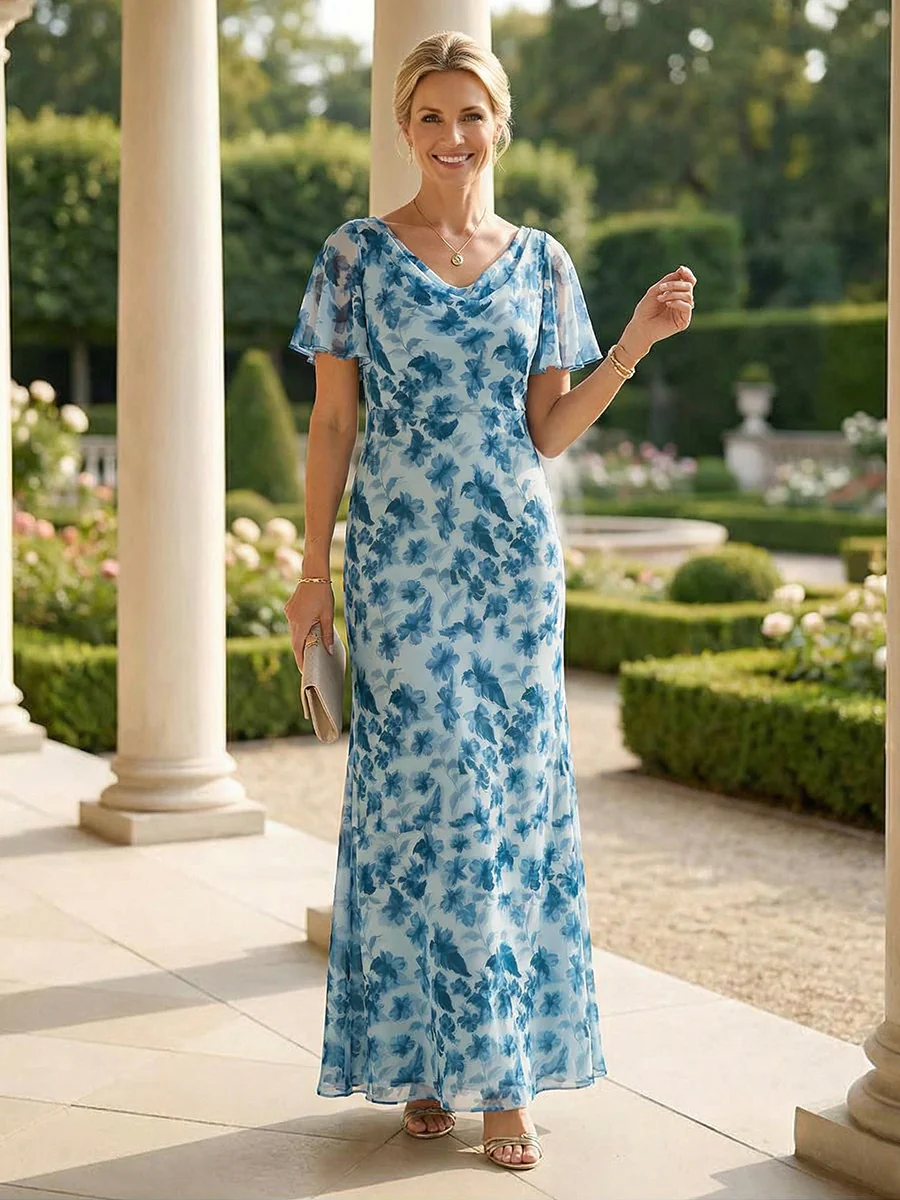 Sheath Chiffon Floral Print Short Sleeves Maxi Mother of the Bride & Groom Dresses