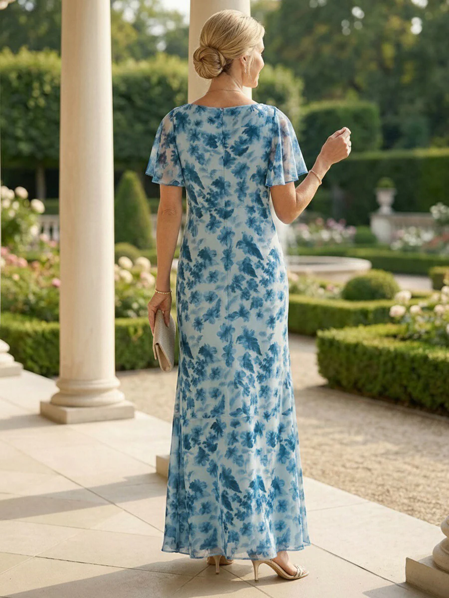 Sheath Chiffon Floral Print Short Sleeves Maxi Mother of the Bride & Groom Dresses
