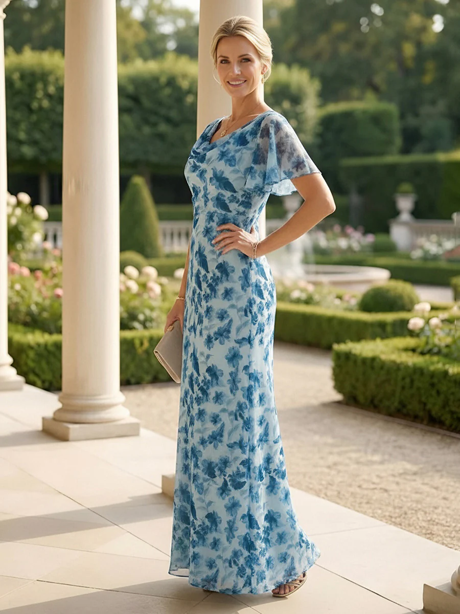 Sheath Chiffon Floral Print Short Sleeves Maxi Mother of the Bride & Groom Dresses