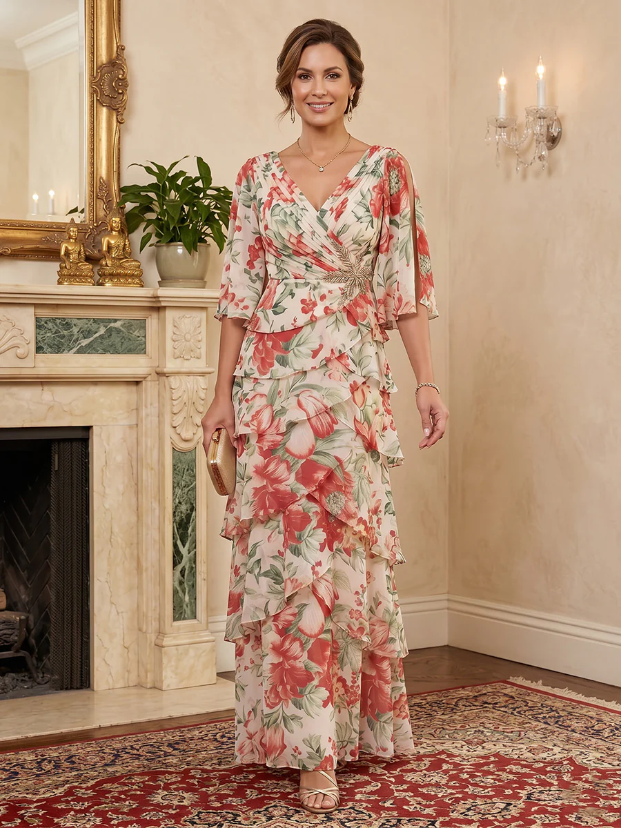Floral Print A-Line/Princess V-Neck Floor-Length Mother of the Bride & Groom Dresses with Tiered Layers